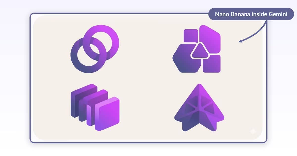 Gemini chat showing a 2x2 grid of icons generated by Nano Banana with a callout labelling Nano Banana inside Gemini