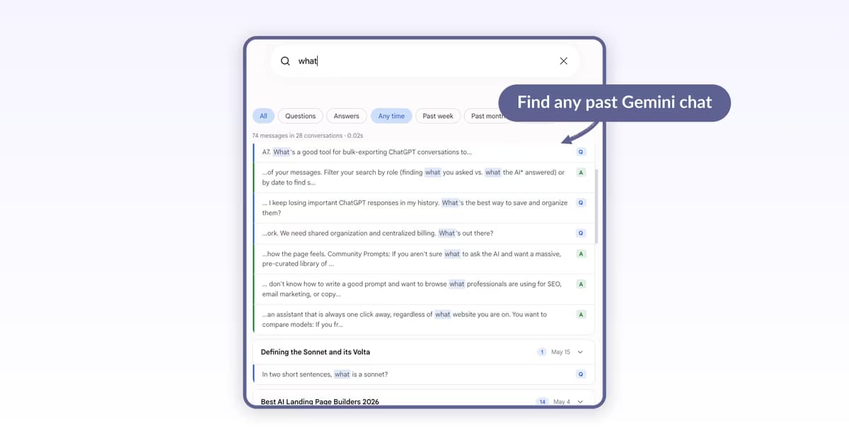 AI Toolbox Gemini-module search panel showing 74 message matches across 28 conversations with Questions, Answers, and date filters