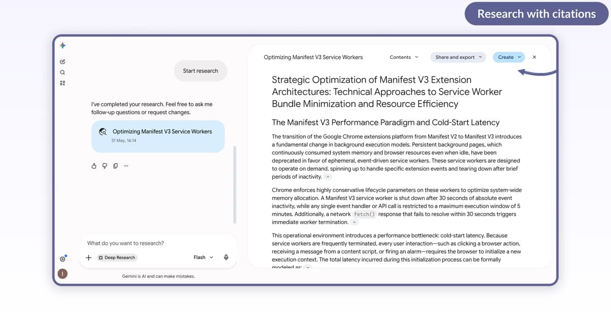 Gemini Deep Research full report view with Contents, Share and export, and Create buttons in the header