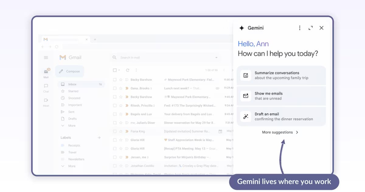 Gemini side panel inside Gmail showing Summarize conversations, Show me emails, Draft an email suggestions