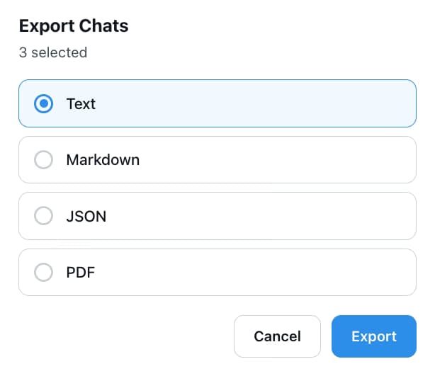 Export Chats dialog for three selected Grok conversations with Text, Markdown, JSON and PDF options