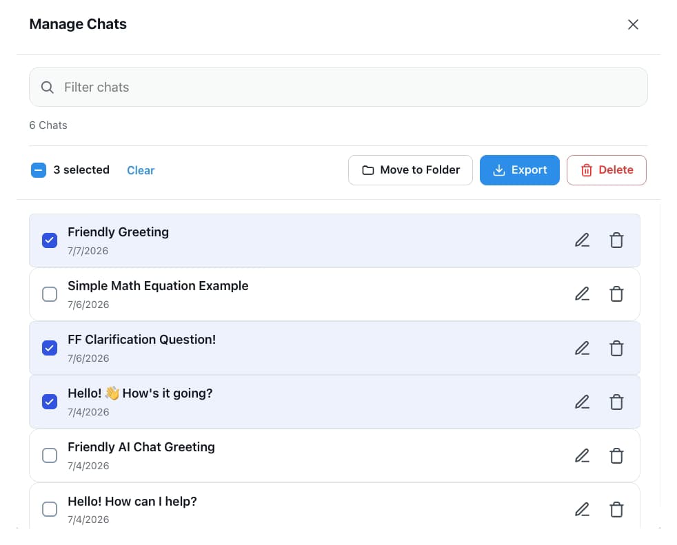 AI Toolbox Manage Chats panel on Grok with three conversations selected and Move to Folder, Export and Delete actions