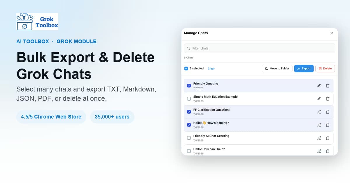 AI Toolbox Manage Chats panel on Grok with multiple conversations selected and TXT, Markdown, JSON, and PDF export options