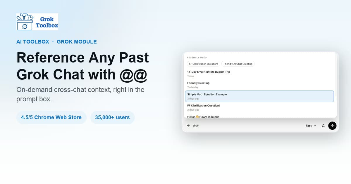 AI Toolbox @@ context mention dropdown in the Grok prompt box listing past conversations to reference