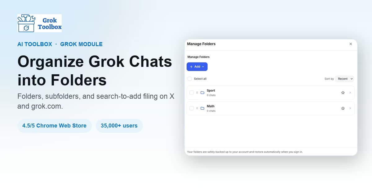 AI Toolbox Manage Folders panel on Grok with nested folders for organizing Grok conversations
