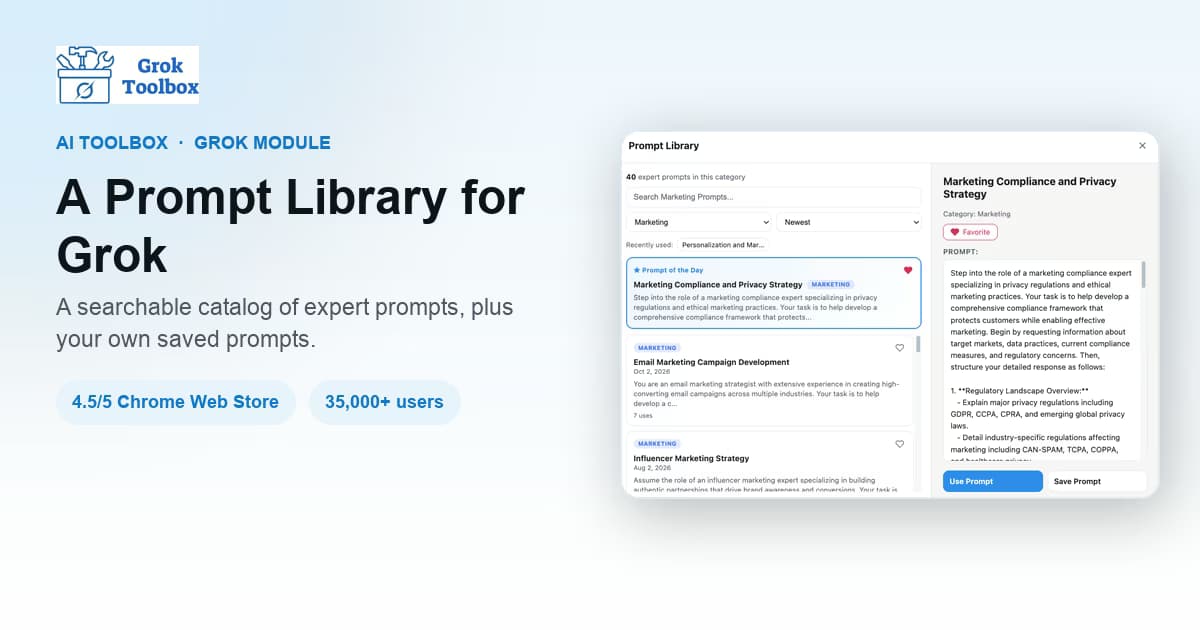 AI Toolbox prompt library on Grok with categorized expert prompts, search, and a prompt detail panel