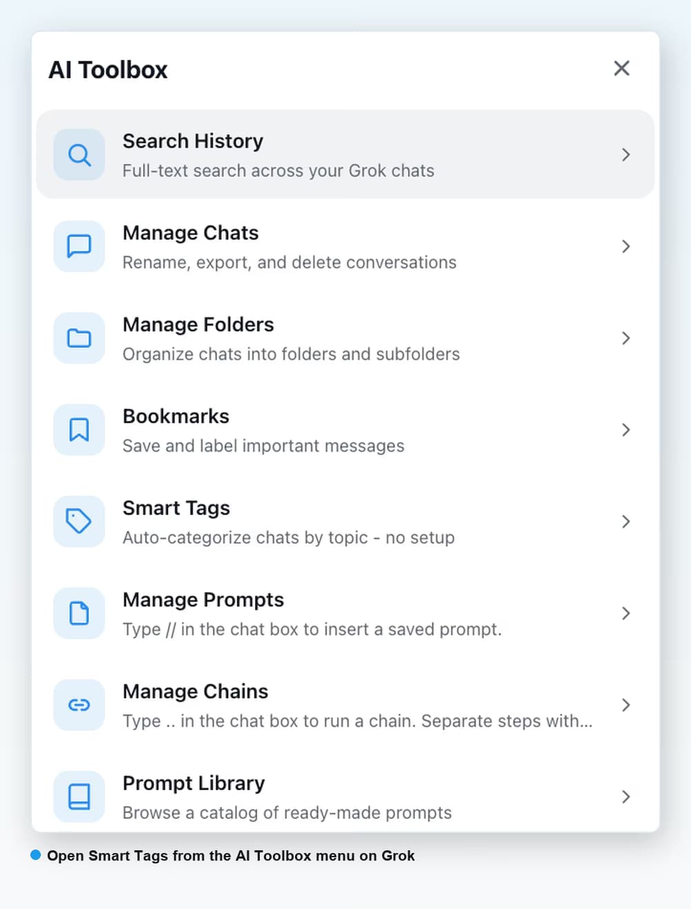 AI Toolbox for Grok menu showing Search History, Manage Folders, Bookmarks, Smart Tags, and Prompt Library