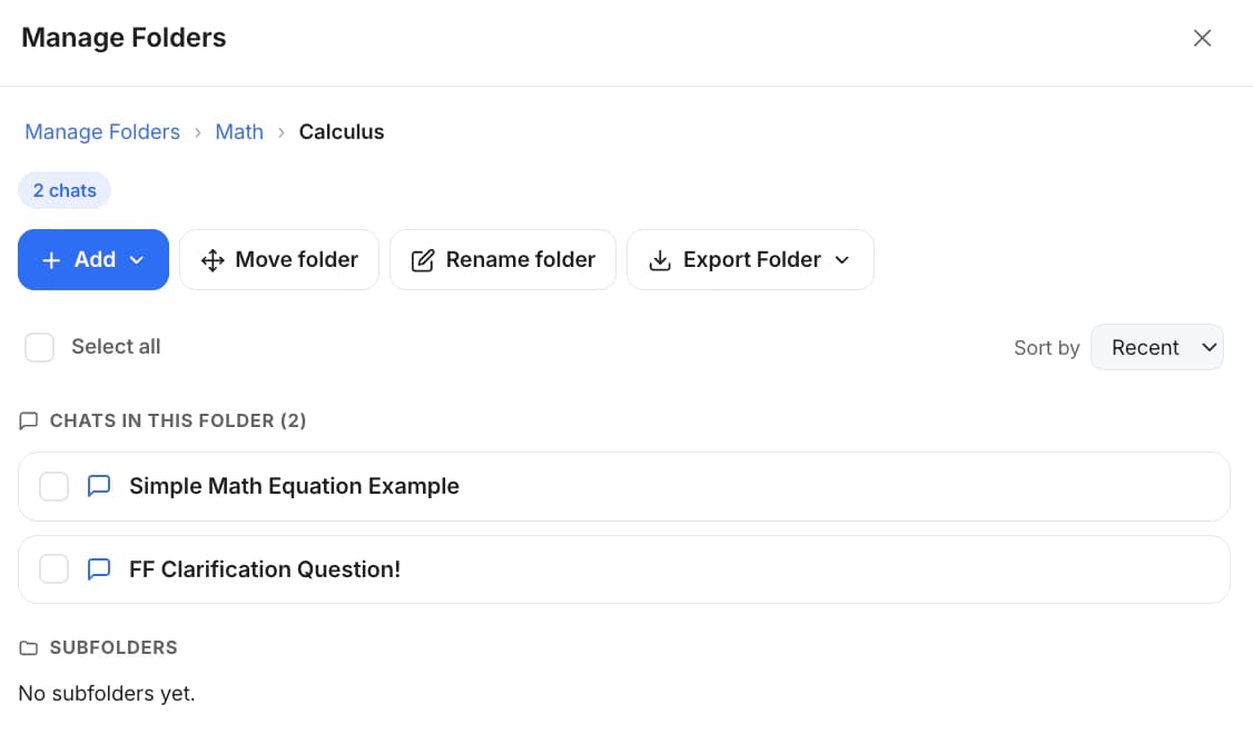 AI Toolbox Manage Folders view on Grok showing a Calculus folder with an Export Folder button and its chats
